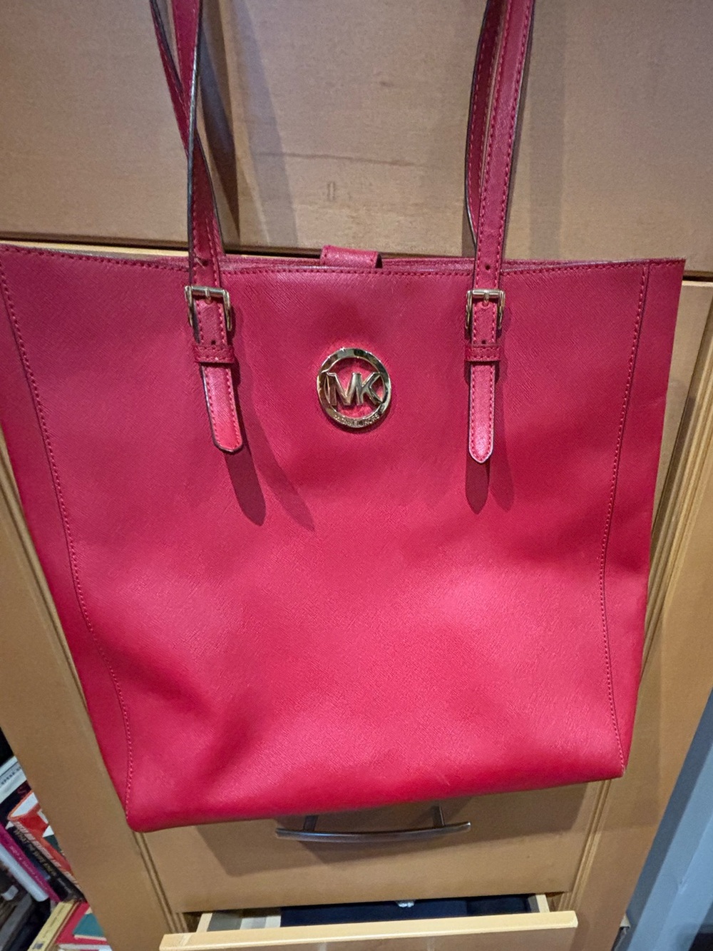 Michael Kors Red Leather Crossbody with Gold MK Emblem